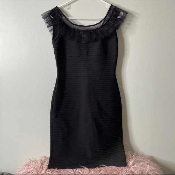 Tadashi Shoji Black Ruched Ruffle Neck Dress - Picture 1 of 6